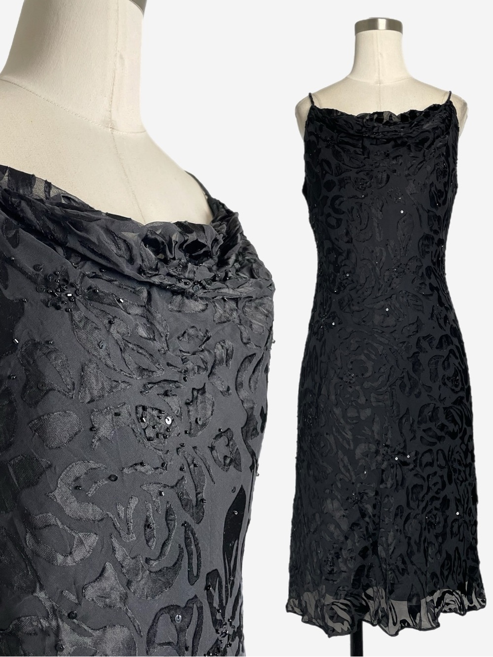 Vintage Y2K Xscape by Joanna Chen black floral sequin beaded silk mini dress S/M